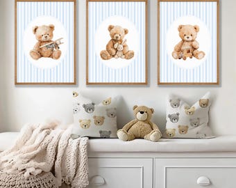 Vintage Teddy Bear Nursery Prints: Blue Bear Baby Boy Wall Art Set Of 3