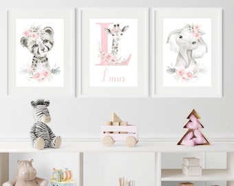 Personalised Safari Nursery Prints Set Of 3, Safari Nursery Wall Art, Girls Nursery Prints, Pink & Grey Nursery, Safari Animals Wall Art