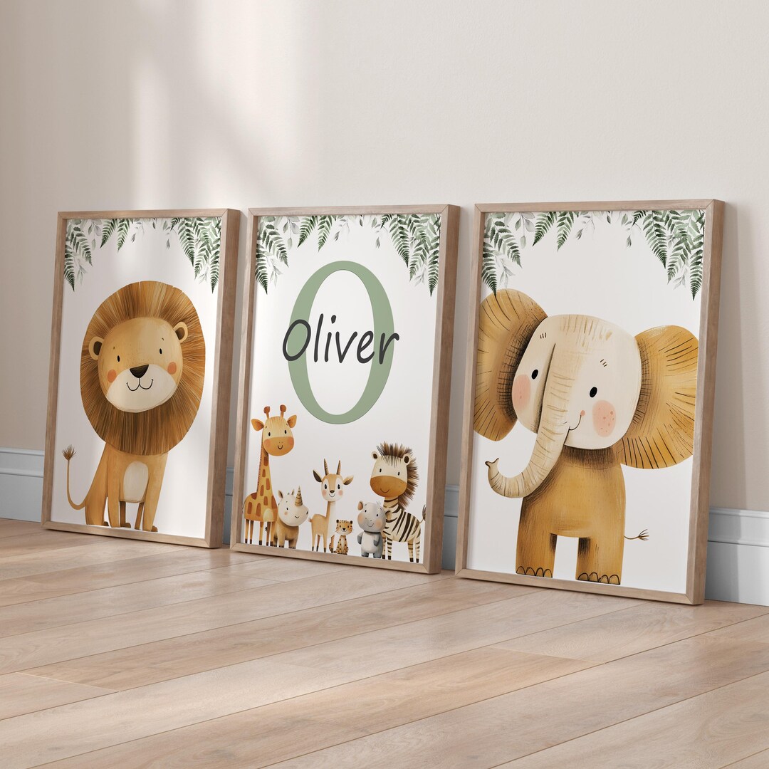 Personalised Safari Animal Nursery Prints: Set of 3, Kids Room Decor - Etsy