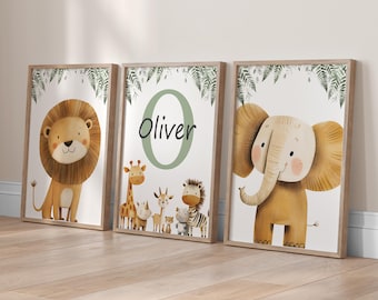 Personalised Safari Animal Nursery Prints: Set of 3, Kids Room Decor