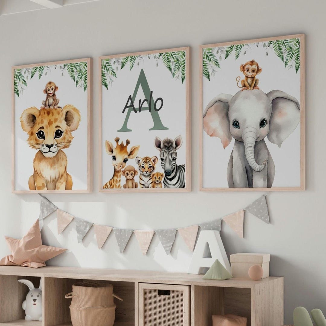 Personalised Safari Animal Nursery Prints: Kids Room Decor, Set of 3 - Etsy