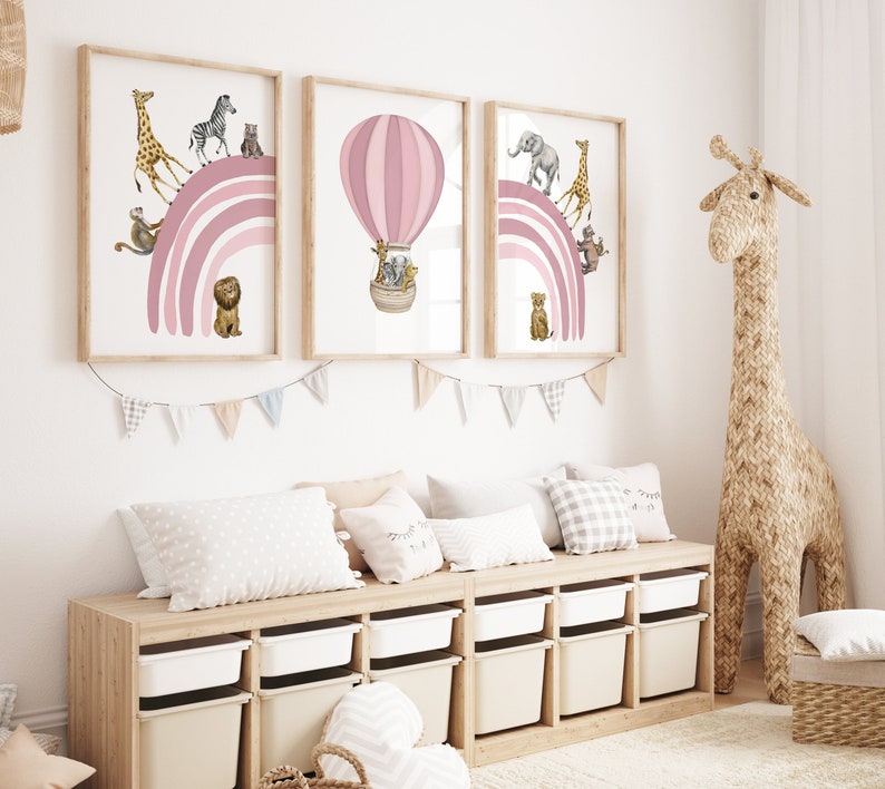 Girls Bedroom Decor Pink, Safari Animal Art Set of 3, Rainbow Wall Art