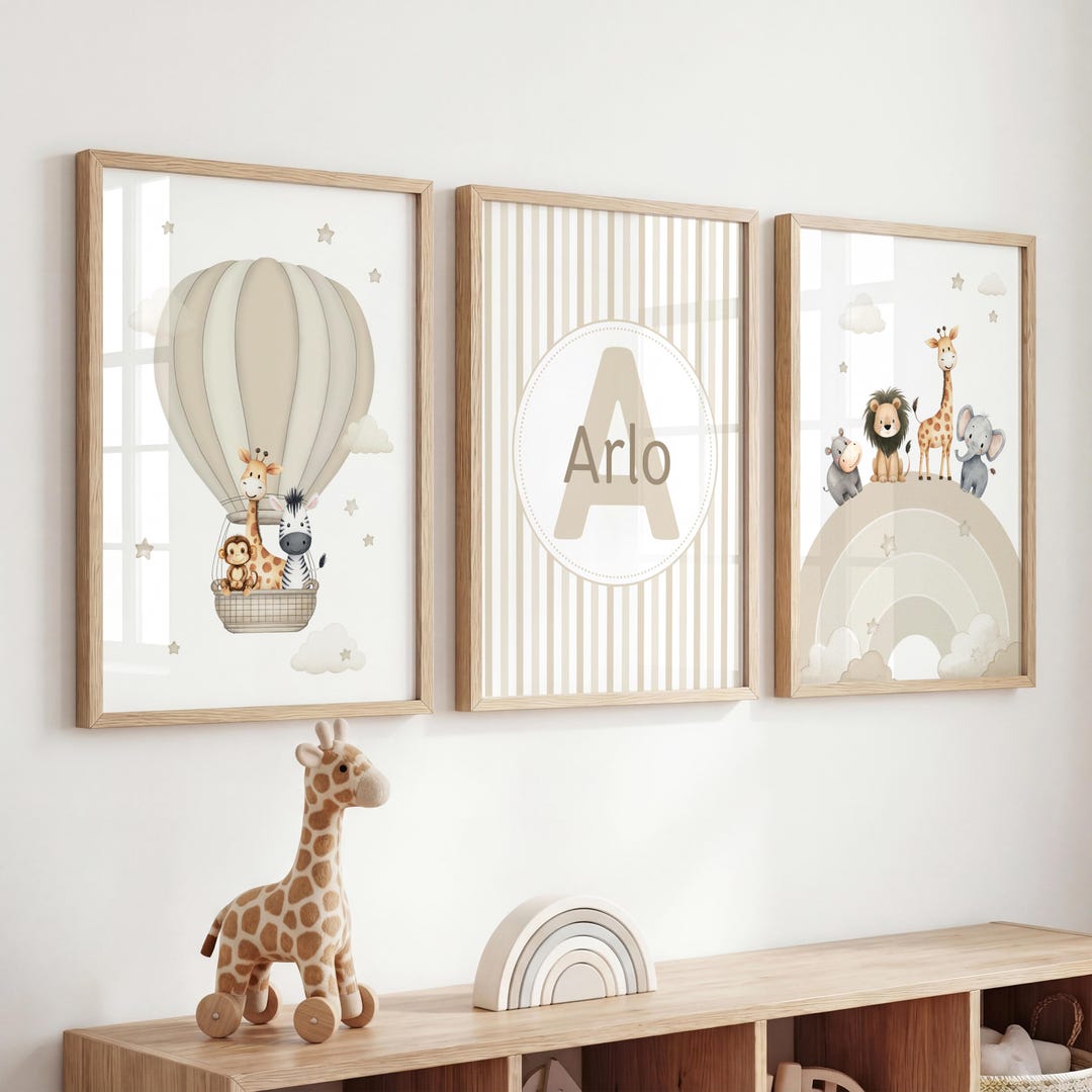 Safari Nursery Wall Art Set of 3, Neutral Baby Animal Prints, Hot Air ...