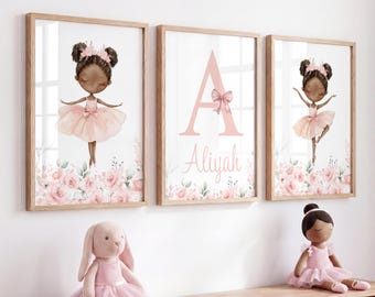 Black Ballerina Wall Art Set of 3 Prints, Personalised Girl Nursery Decor, Pink Ballet Bedroom Posters, Unframed Gift