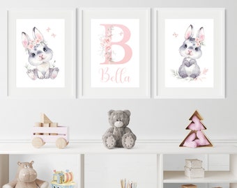 Nursery Prints Set Of 3, Rabbit Wall Art Print, Girls Nursery Wall Prints, Pink & Grey Childrens Wall Art, Girls Bedroom Posters, Bunny Art