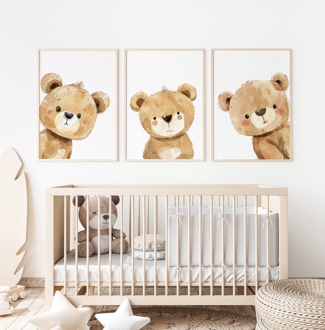 Teddy Bear Nursery Prints Set: Neutral Peeking Bear Wall Art - Etsy
