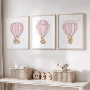Teddy Bear Hot Air Balloon Nursery Prints: Pink Girl Decor Set