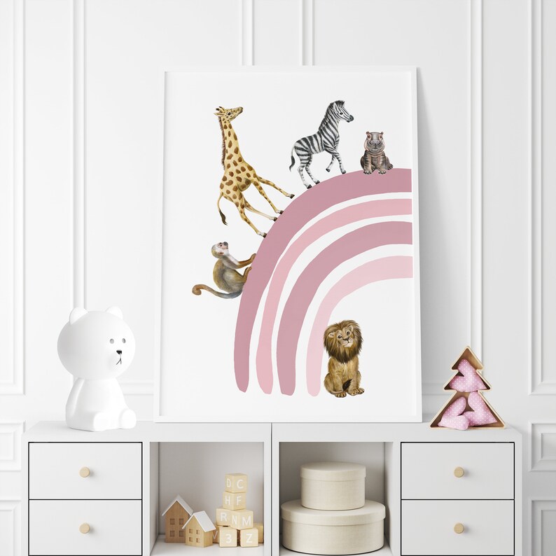Girls Bedroom Decor Pink, Safari Animal Art Set of 3, Rainbow Wall Art
