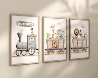 Safari Animal Train Personalised Nursery Wall Art Print Set of 3
