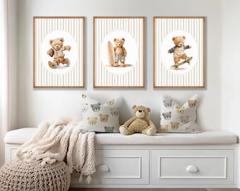 Vintage Teddy Bear Sports Nursery Prints: Beige Baby Boy Wall Art - Set of 3