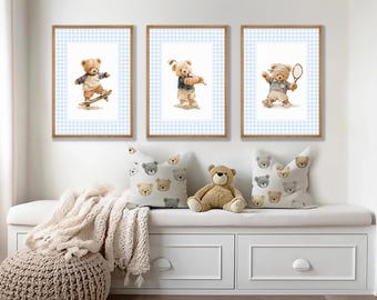 Vintage Teddy Bear Sports Print Set: Blue Gingham Nursery Art