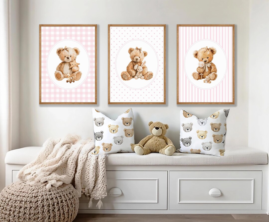 Vintage Teddy Bear Prints: Pink Nursery Wall Decor, Set of 3 - Etsy