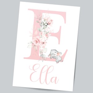 Personalized Elephant Nursery Print Set: Pink Floral Wall Art image 5