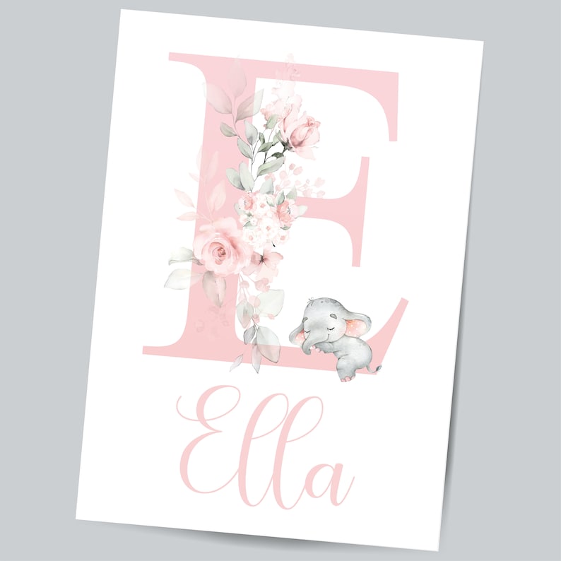 Personalized Elephant Nursery Print Set: Pink Floral Wall Art image 5