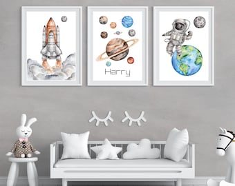 Personalised Outer Space Nursery Prints: Watercolor Planets, Astronaut, Rocket - Set of 3
