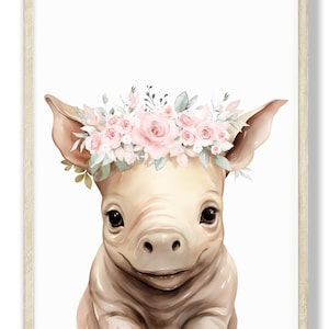 May include: A watercolour illustration of a piglet wearing a pink flower crown. The piglet is looking directly at the viewer with a sweet expression. The background is white.