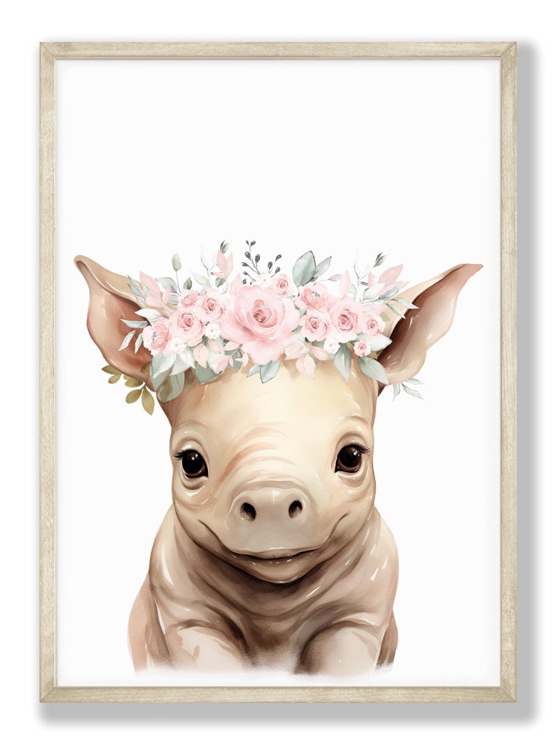 May include: A watercolour illustration of a piglet wearing a pink flower crown. The piglet is looking directly at the viewer with a sweet expression. The background is white.