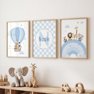Safari animal nursery prints set of three featuring giraffe lion elephant rainbow wall art and blue checkerboard name initial for baby boy room