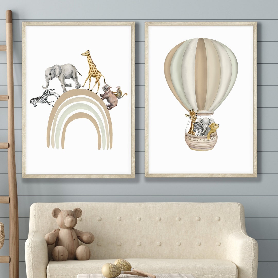 Safari Animal Prints Set: Rainbow & Hot Air Balloon Nursery Decor - Etsy