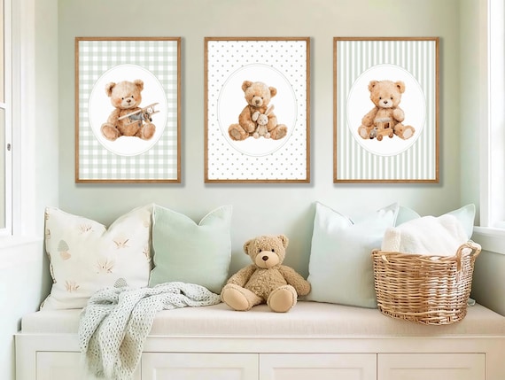 Vintage Teddy Bear Prints: Sage Green Nursery Wall Decor, Set of 3