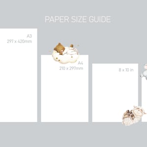 Op de afbeelding: Een gids voor papierformaten met illustraties van dieren. De maten worden weergegeven in millimeters en inches. A3 is 297 x 420 mm, A4 is 210 x 297 mm, 8 x 10 inch en 6 x 8 inch.