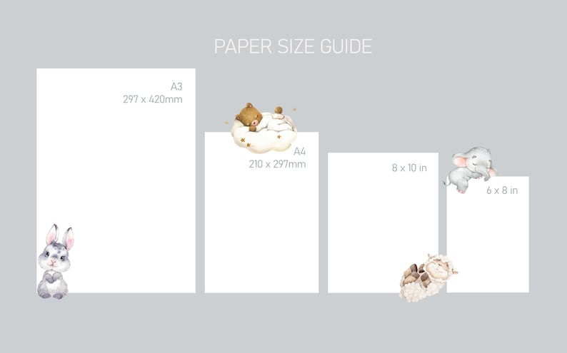 Op de afbeelding: Een gids voor papierformaten met illustraties van dieren. De maten worden weergegeven in millimeters en inches. A3 is 297 x 420 mm, A4 is 210 x 297 mm, 8 x 10 inch en 6 x 8 inch.