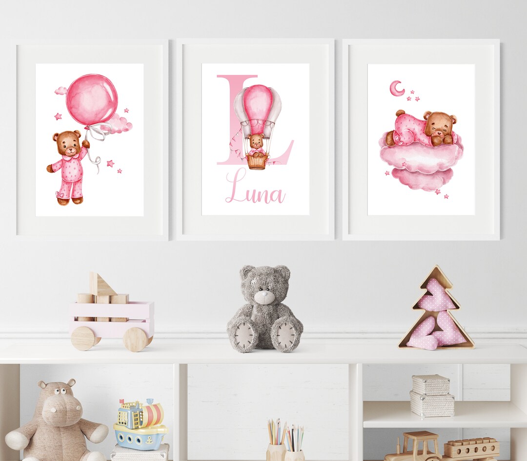 Personalised Baby Girl Nursery Wall Art Set of 3, Teddy Bear Nursery ...