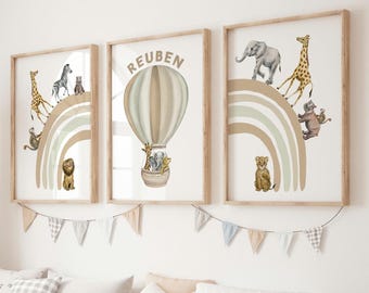 Personalised Safari Animal Nursery Prints: Beige Rainbow Hot Air Balloon Decor Set Of 3