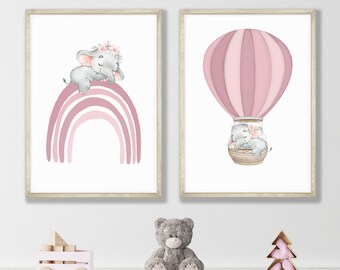 Elephant Nursery Prints Set: Pink Rainbow, Hot Air Balloon