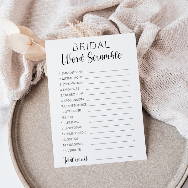 Word Scramble Bridal Shower Game Template, Printable Minimalist Bridal Shower Puzzle, Instant Download