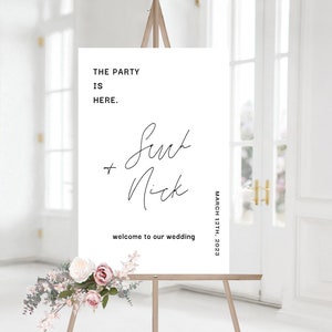 The Party is Here Wedding Ceremony Sign, Welcome To Our Wedding Sign, Wedding Board Vertical,Ceremony Sign, Modern Wedding Editable Sign.