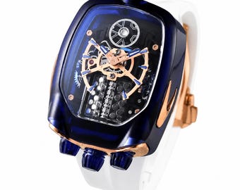 Bugatti-Inspired Skeleton Automatic Watch – Blue Sapphire Case, Rose Gold Accents
