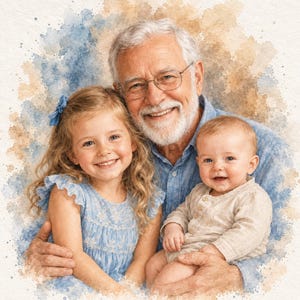 Könnte beinhalten: Ein Aquarell-Porträt einer älteren Person mit weißem Haar, Bart und Brille, einem jungen Kind mit blauer Haarschleife und Kleid sowie einem Säugling in einem hellen Hemd vor einem Hintergrund in Blau und Beige.