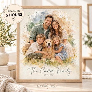 Może przedstawiać: Oprawiony portret w stylu akwareli przedstawiający czteroosobową rodzinę i psa rasy golden retriever. Tekst głosi The Carter Family EST. 2025 oraz OpulaGiftsCo. Obraz zawiera delikatne zielone, niebieskie i żółte plamy farby na jasnym tle.