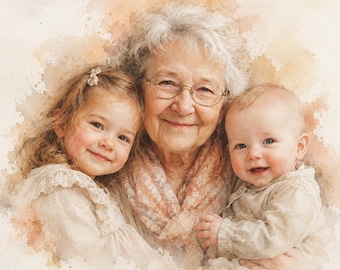 Custom Watercolor Portrait from Photo, Family Portrait, Memorial Gift, For Mom, Digital Download