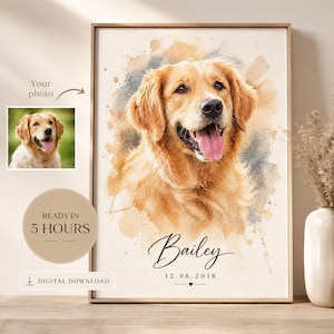 Custom Watercolor Pet Portrait, Personalized Dog Cat Art, Pet Memorial Gift, Digital Download