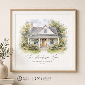 Op de afbeelding: Een ingelijste aquarelprint van een huis met een schoorsteen, veranda en omliggende bomen. De tekst luidt: The Anderson Home, 527C Sheffield St, Modesto, CA, Est. 2023. Onder de print staan iconen voor 12-uurs levering en onbeperkte revisies.
