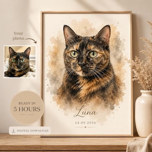 Puede incluir: Una impresión de retrato enmarcada con una ilustración estilo acuarela de un gato carey. La obra incluye el nombre Luna y la fecha 24.09.2024 debajo del gato. El texto en la imagen incluye Your photo, READY IN 5 HOURS y DIGITAL DOWNLOAD.