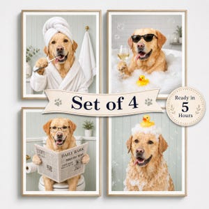 May include: A set of four framed prints featuring a yellow Labrador retriever in various bathroom scenes. One shows the dog in a robe with a toothbrush, another in a bubble bath with sunglasses, one reading a newspaper, and one with bubbles.