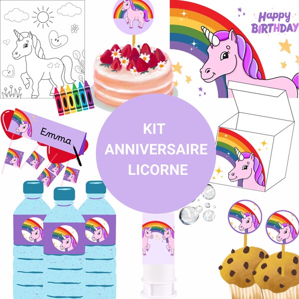 Kit Décoration Anniversaire Licorne - PDF Imprimable, tout pour la déco : bonbons, gâteaux, bulle, bouteille d'eau, set de table, étiquettes