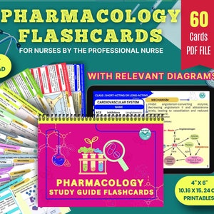 Könnte beinhalten: Ein Satz von 60 druckbaren Karteikarten für Krankenschwestern, die Pharmakologie studieren. Die Karteikarten enthalten farbige Diagramme und Text, darunter die Wörter "Pharmacology Study Guide Flashcards". Die Karteikarten sind 4 Zoll mal 6 Zoll groß, das sind 10,16 Zentimeter mal 15,24 Zentimeter.
