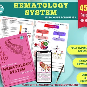 May include: A study guide for nurses on the hematology system. The guide is a pink spiral bound notebook with a red and white illustration of a blood cell. The cover text reads "Study Guide for Hematology System for Nurses". The guide is part of a larger anatomy and physiology bundle.