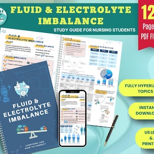 Puede incluir: Una guía de estudio para estudiantes de enfermería sobre el desequilibrio de líquidos y electrolitos. La guía es un archivo PDF de 12 páginas con temas completamente hipervinculados. La portada presenta una ilustración azul y blanca de una balanza con una botella de agua, una probeta y un cuentagotas en un lado y las palabras "Desequilibrio de líquidos y electrolitos" en el otro.