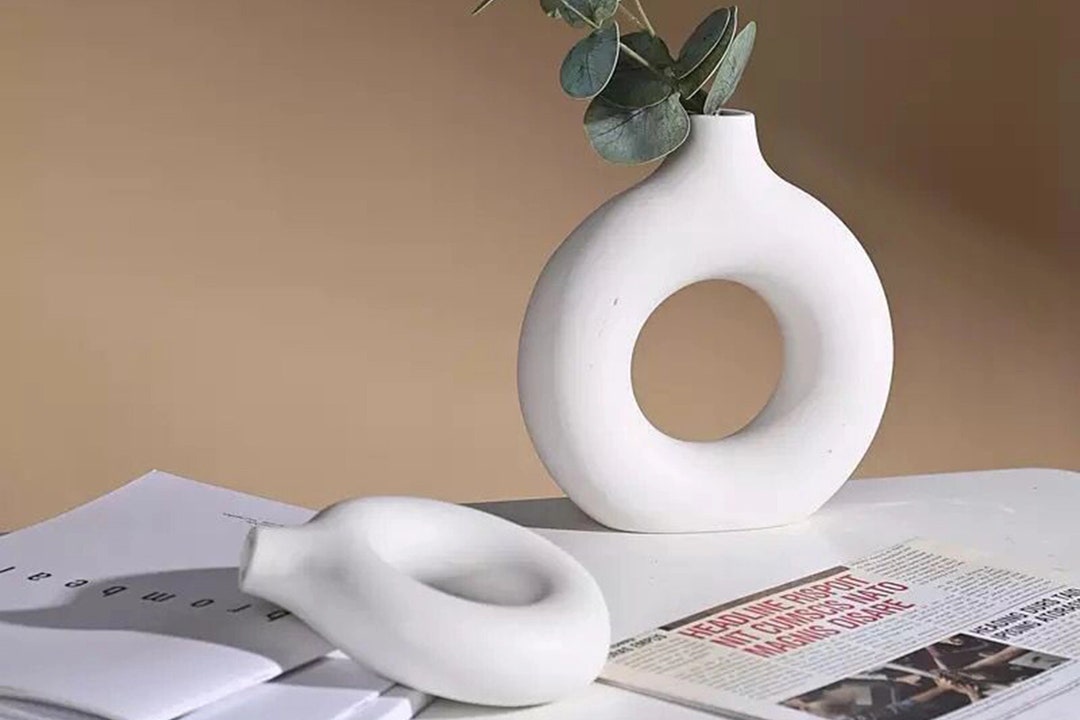 Set of 2 Circular White Hollow Ceramic Vase, Small and Large Donut Vase ...