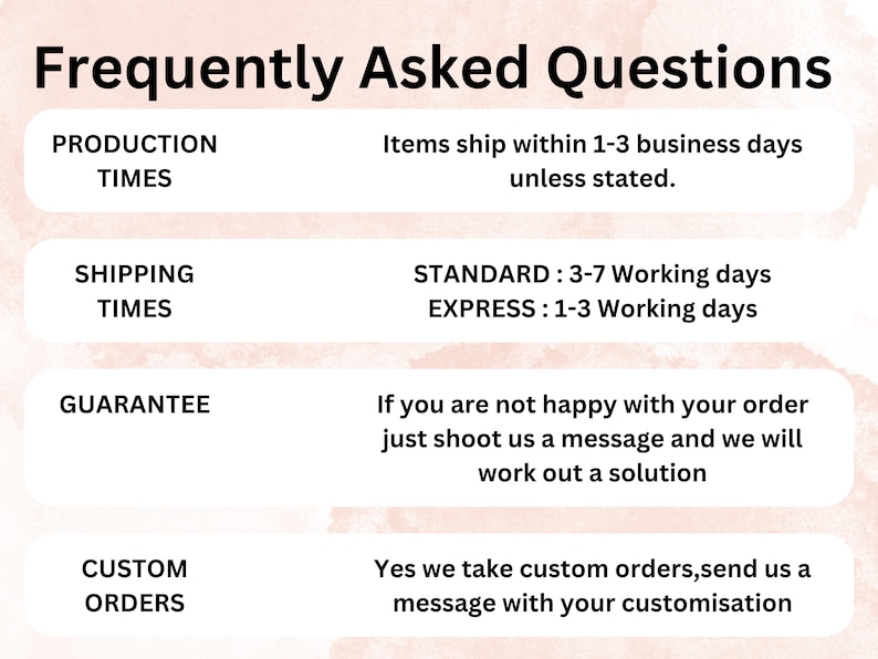 May include: Image with text: "Frequently Asked Questions." Includes information on production times, shipping times, guarantee, and custom orders. The text is displayed on a light pink background with white rounded rectangles.