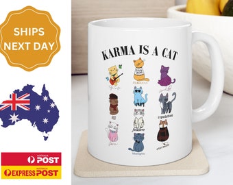 Karma Is A Cat Coffee Mug, Gift for music Lovers, Concert Mug, Gift For Her, Christmas Gift, Birthday Gift, Music Cute Cat Albums Mug