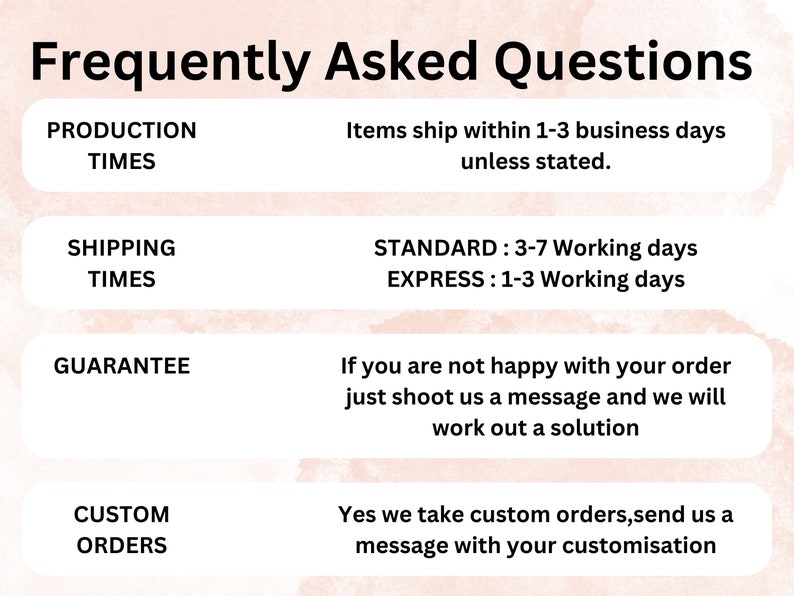 Op de afbeelding: Een roze en witte afbeelding met de tekst "Frequently Asked Questions" bovenaan. De afbeelding geeft productietijden, verzendtijden, garantie en aangepaste bestellingen weer met details over elk.