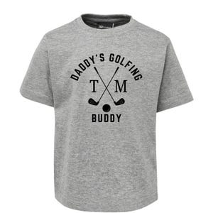 May include: Grey short-sleeved t-shirt with black text that reads "Daddy's Golfing TM Buddy" with a graphic of two crossed golf clubs and a golf ball.