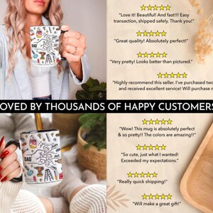 May include: White ceramic mug with a black handle and rim, featuring a colorful design with tools and the word "DAD". The mug is held by a person. Text on the mug includes the word "DAD" and other text. The image also includes customer reviews.