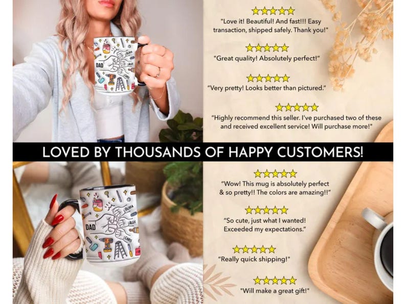 May include: White ceramic mug with a black handle and rim, featuring a colorful design with tools and the word "DAD". The mug is held by a person. Text on the mug includes the word "DAD" and other text. The image also includes customer reviews.